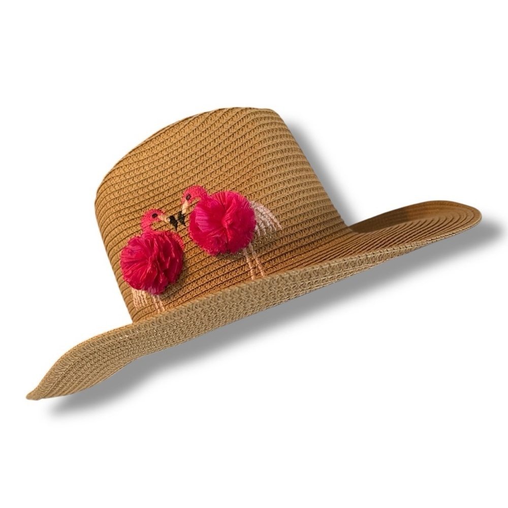 Straw Hat with Pink Flamingos with Pom Poms, Super Cute, NEW - Picture 4 of 5